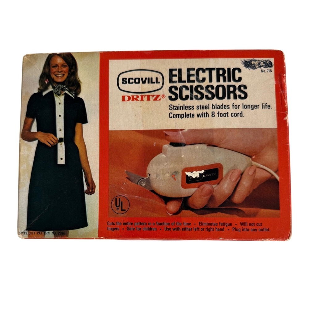 Vintage Scovill Dritz Electric Scissors No 716 Fabric Cutter Swiss w/ Box